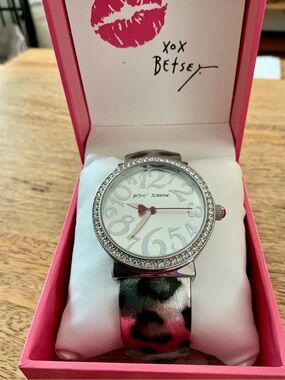 Betsey Johnson Silver Crystal Bezel Watch with Silver Leopard Strap